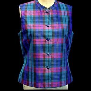 Talbots pure silk sleeveless blouse vest dark moody academia‎ tartan plaid check